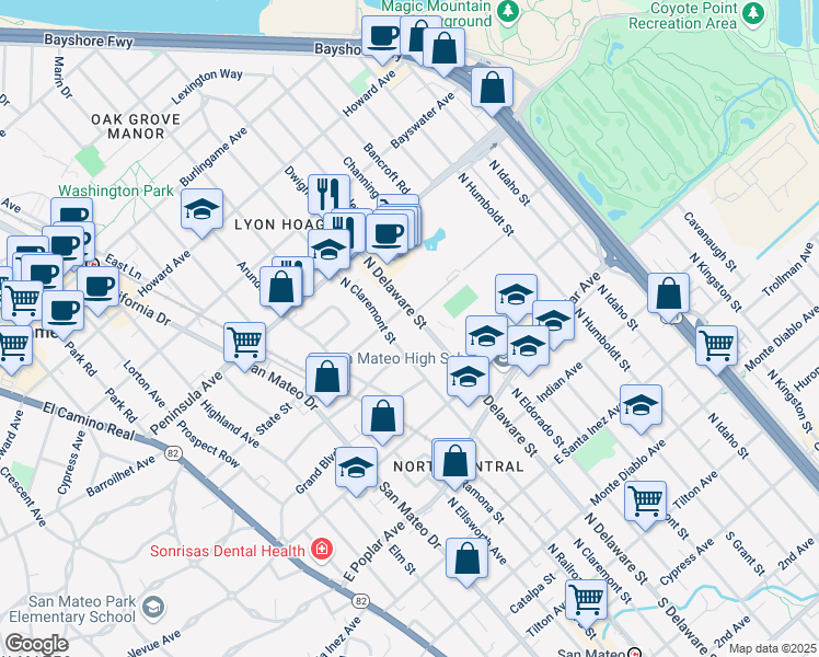 map of restaurants, bars, coffee shops, grocery stores, and more near 655 North Delaware Street in San Mateo