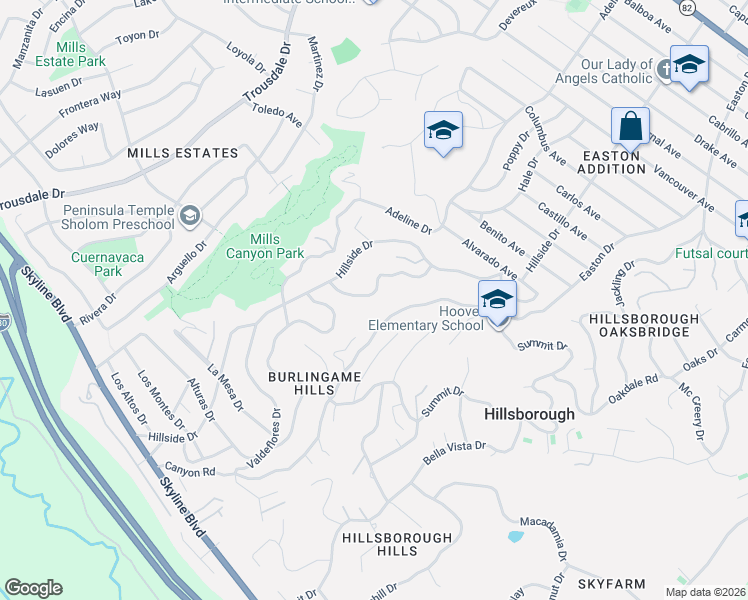 map of restaurants, bars, coffee shops, grocery stores, and more near 135 Newton Drive in Burlingame
