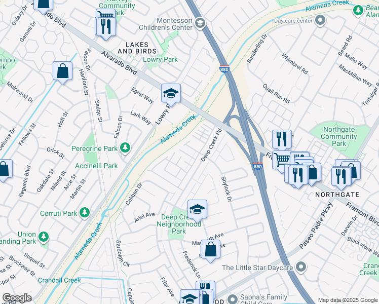 map of restaurants, bars, coffee shops, grocery stores, and more near 4141 Deep Creek Road in Fremont