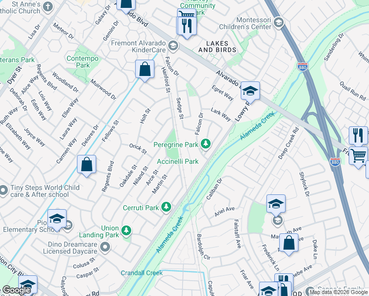 map of restaurants, bars, coffee shops, grocery stores, and more near 33205 Sandpiper Place in Fremont