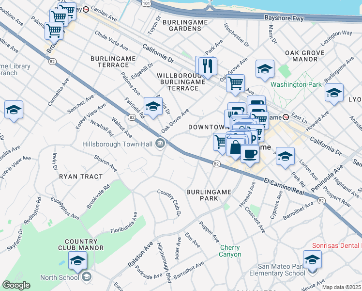 map of restaurants, bars, coffee shops, grocery stores, and more near 550 El Camino Real in Burlingame