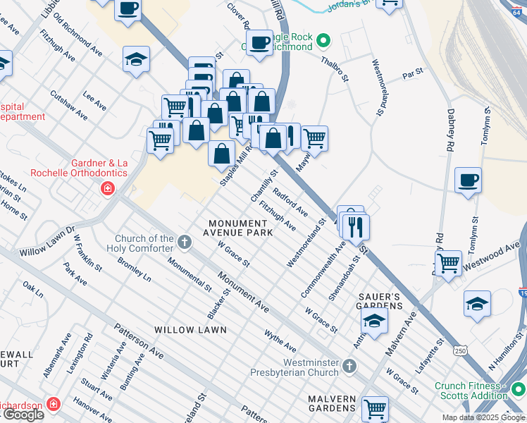 map of restaurants, bars, coffee shops, grocery stores, and more near 4711 Fitzhugh Avenue in Richmond