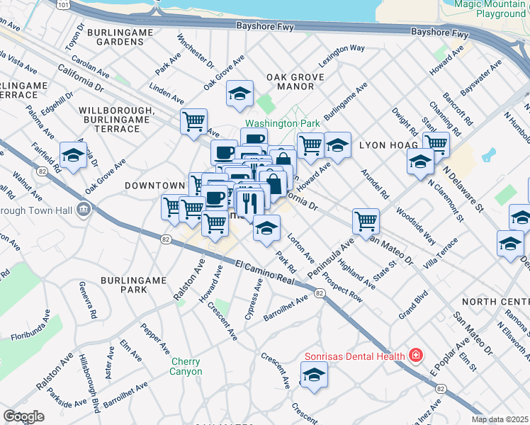 map of restaurants, bars, coffee shops, grocery stores, and more near 1200 Howard Avenue in Burlingame