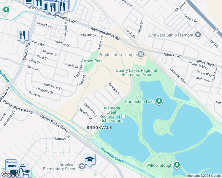 map of restaurants, bars, coffee shops, grocery stores, and more near 35631 Barnard Drive in Fremont