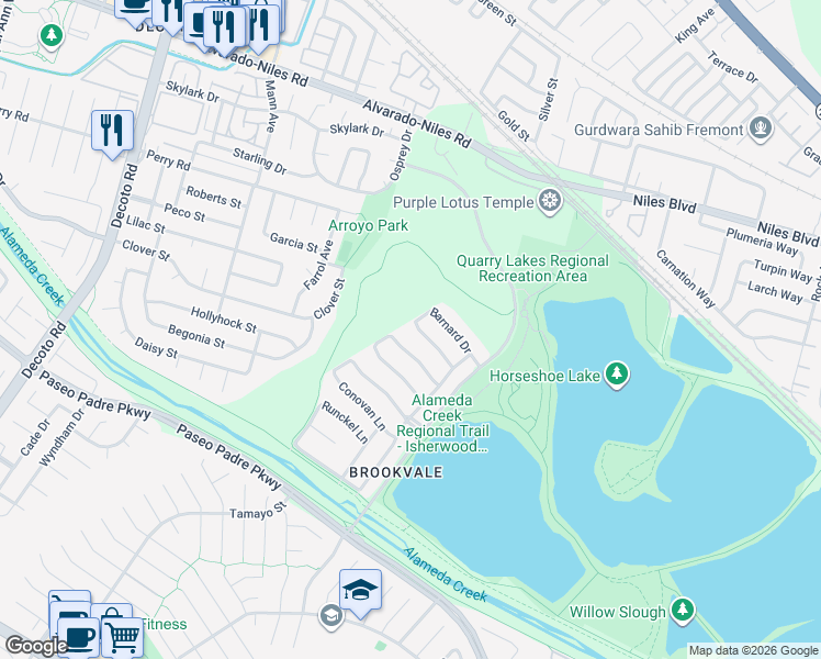map of restaurants, bars, coffee shops, grocery stores, and more near 35622 Beeching Lane in Fremont