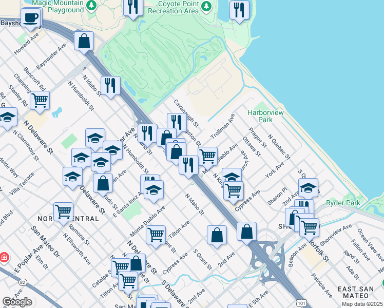 map of restaurants, bars, coffee shops, grocery stores, and more near 240 North Bayshore Boulevard in San Mateo