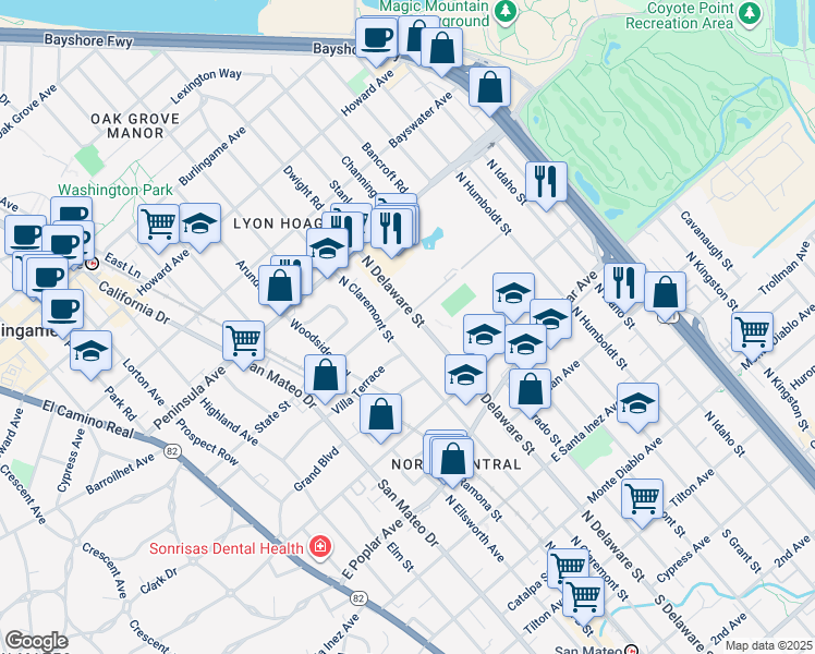 map of restaurants, bars, coffee shops, grocery stores, and more near 655 North Delaware Street in San Mateo