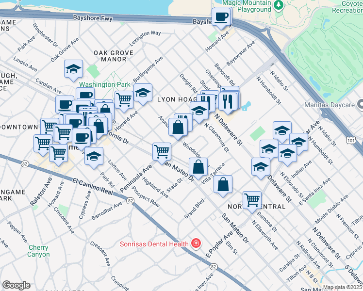 map of restaurants, bars, coffee shops, grocery stores, and more near 861 Woodside Way in San Mateo