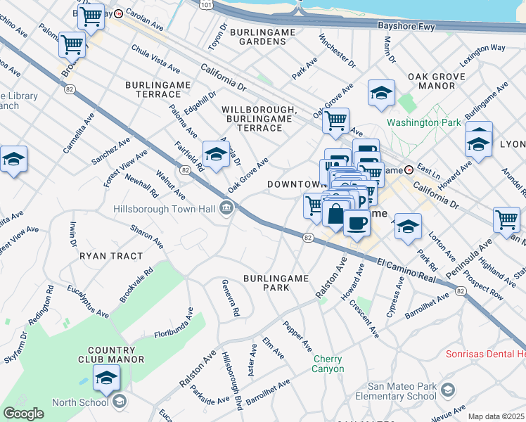 map of restaurants, bars, coffee shops, grocery stores, and more near 524 El Camino Real in Burlingame