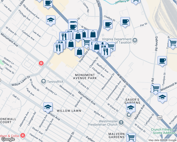 map of restaurants, bars, coffee shops, grocery stores, and more near in Richmond