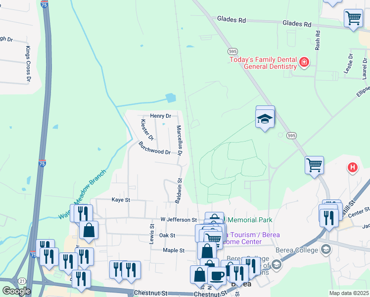 map of restaurants, bars, coffee shops, grocery stores, and more near 213 Marcellus Drive in Berea