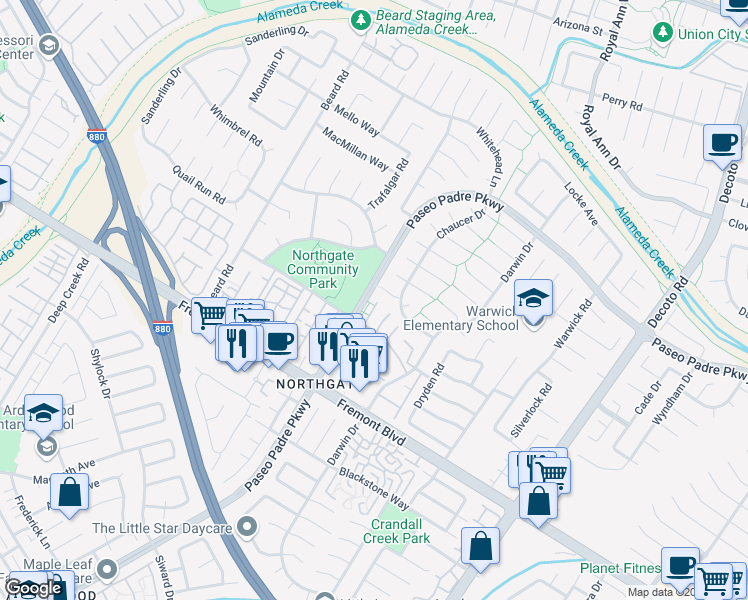 map of restaurants, bars, coffee shops, grocery stores, and more near 34233 Aberdeen Terrace in Fremont