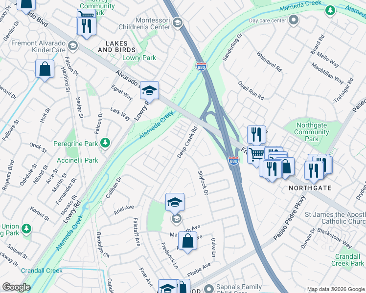 map of restaurants, bars, coffee shops, grocery stores, and more near 4141 Deep Creek Road in Fremont