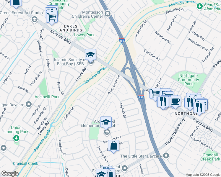 map of restaurants, bars, coffee shops, grocery stores, and more near 4141 Deep Creek Road in Fremont