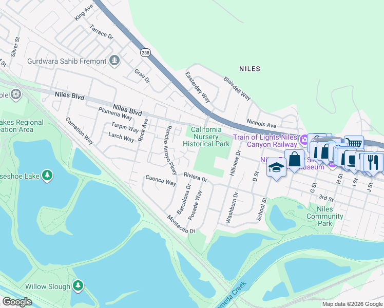 map of restaurants, bars, coffee shops, grocery stores, and more near 286 Lindero Terrace in Fremont