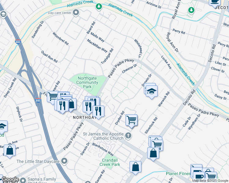 map of restaurants, bars, coffee shops, grocery stores, and more near 34336 Cornwallis Court in Fremont
