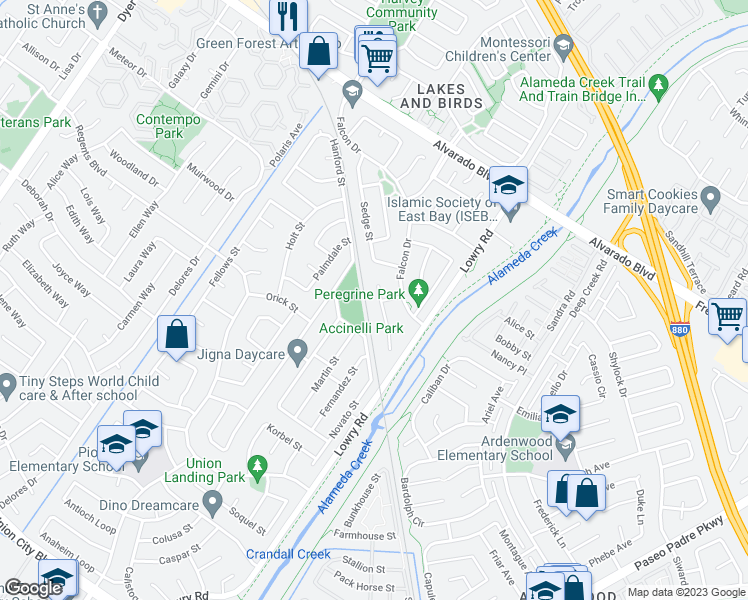 map of restaurants, bars, coffee shops, grocery stores, and more near 33205 Sandpiper Place in Fremont
