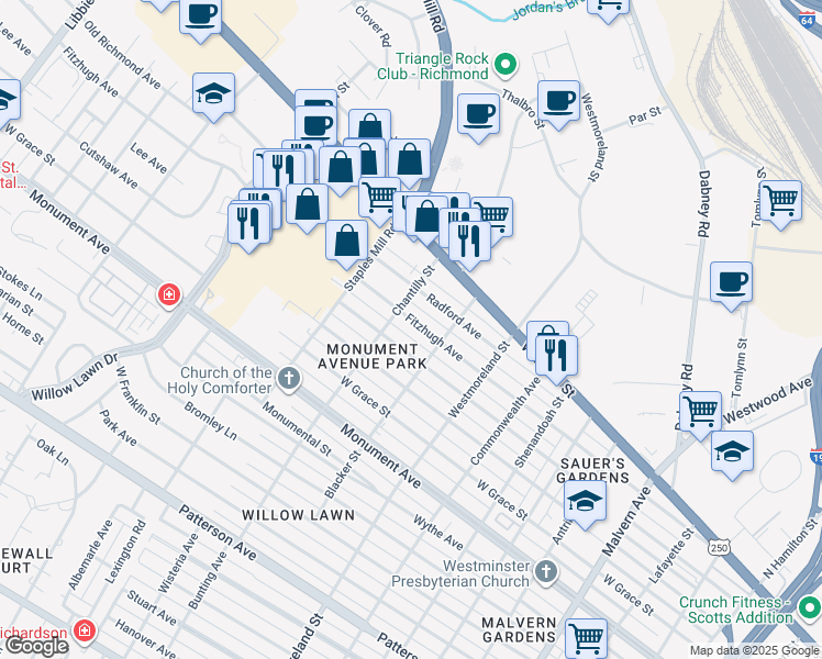 map of restaurants, bars, coffee shops, grocery stores, and more near 4711 Fitzhugh Avenue in Richmond