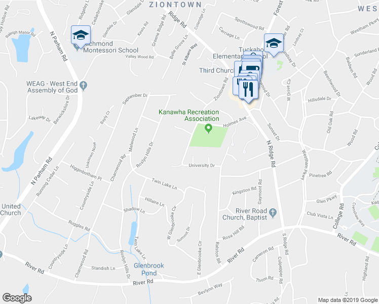 map of restaurants, bars, coffee shops, grocery stores, and more near 8324 University Court in Richmond