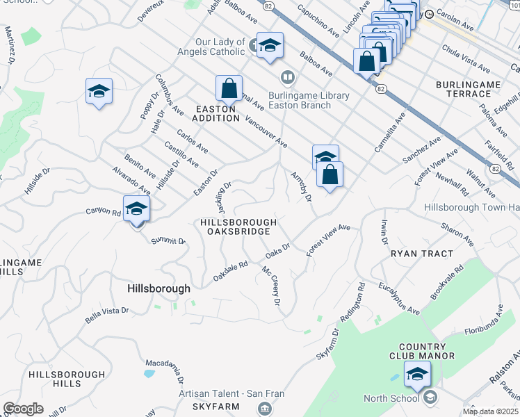 map of restaurants, bars, coffee shops, grocery stores, and more near 55 Fagan Drive in Hillsborough