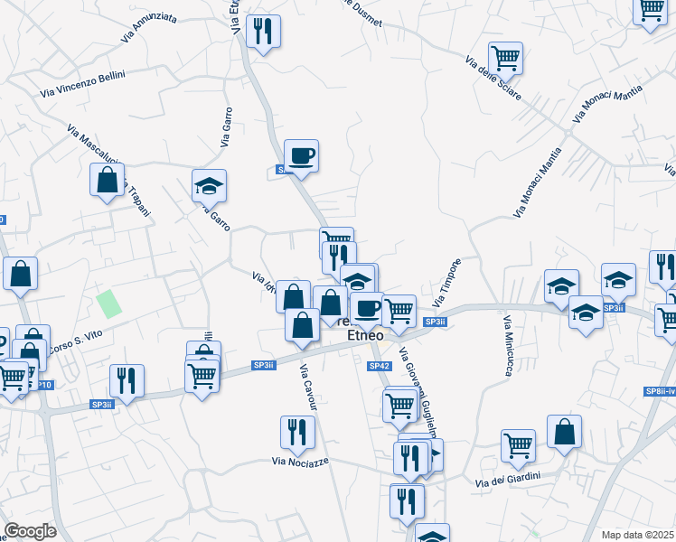 map of restaurants, bars, coffee shops, grocery stores, and more near 358 Via Etnea in Tremestieri Etneo