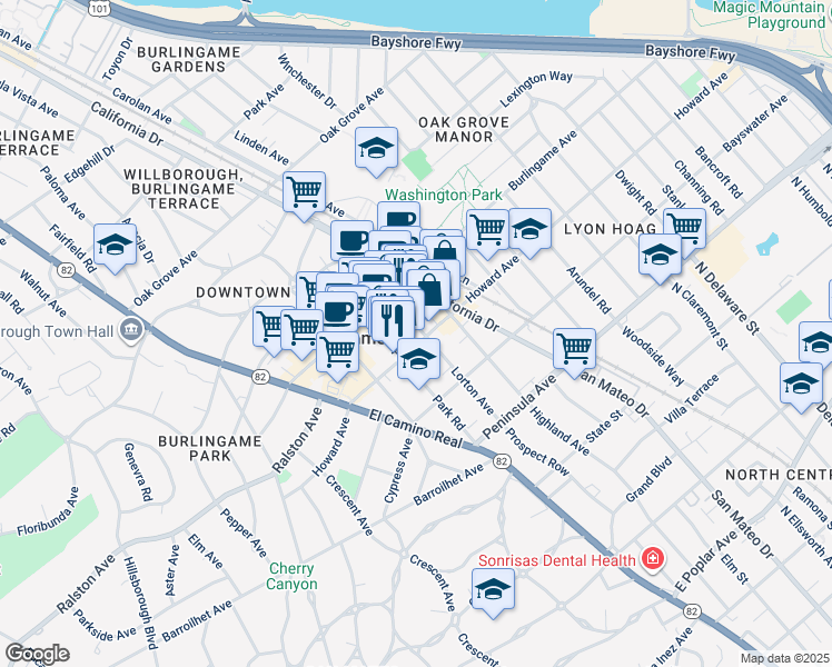 map of restaurants, bars, coffee shops, grocery stores, and more near 1200 Howard Avenue in Burlingame