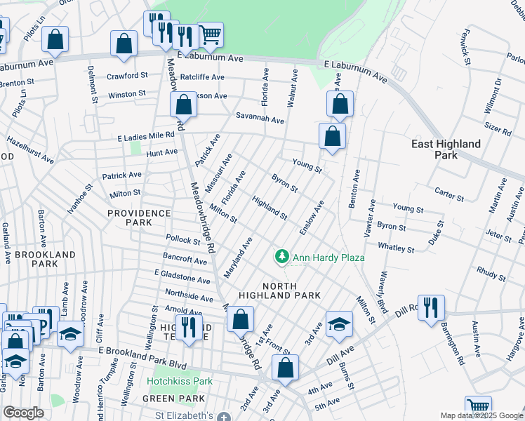 map of restaurants, bars, coffee shops, grocery stores, and more near 3422 Maryland Avenue in Richmond