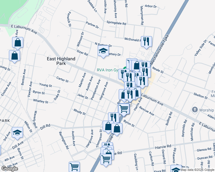 map of restaurants, bars, coffee shops, grocery stores, and more near 3715 Hargrove Avenue in Richmond