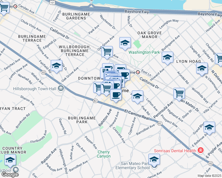 map of restaurants, bars, coffee shops, grocery stores, and more near 329 Primrose Road in Burlingame