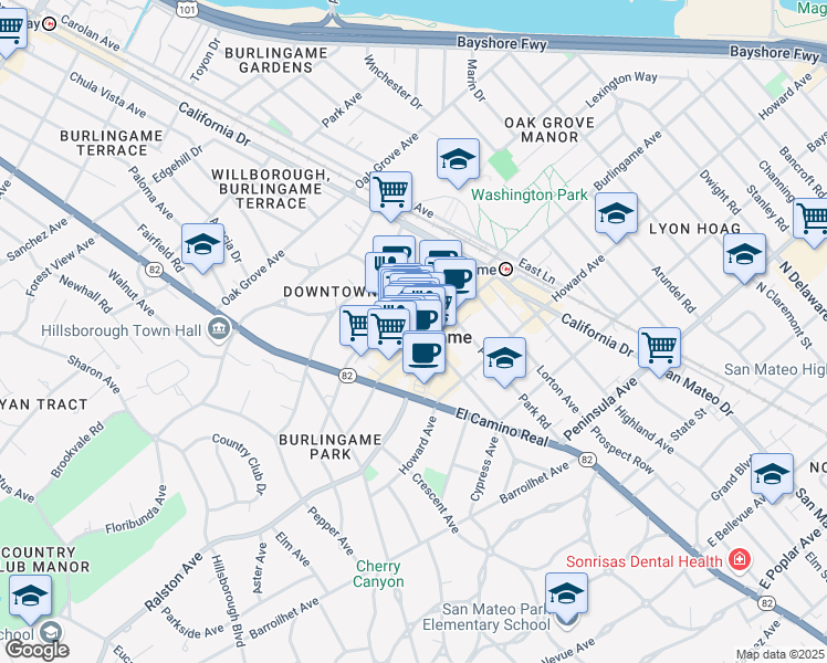 map of restaurants, bars, coffee shops, grocery stores, and more near 315 Primrose Road in Burlingame