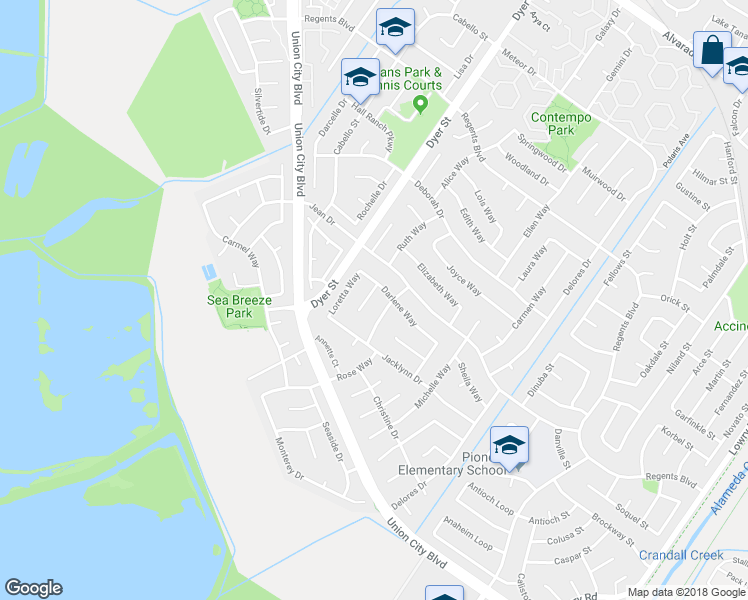 map of restaurants, bars, coffee shops, grocery stores, and more near 4724 Darlene Court in Union City