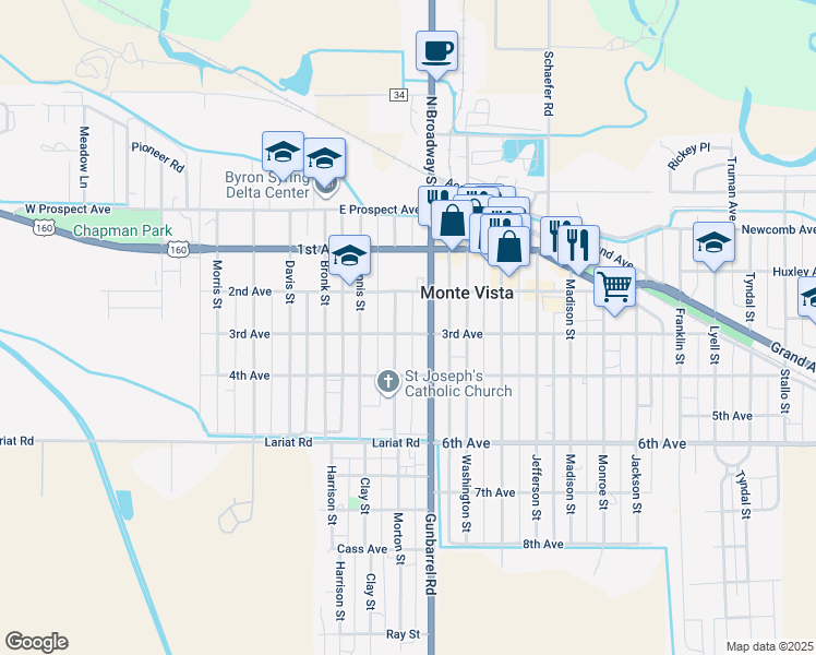 map of restaurants, bars, coffee shops, grocery stores, and more near 619 3rd Avenue in Monte Vista