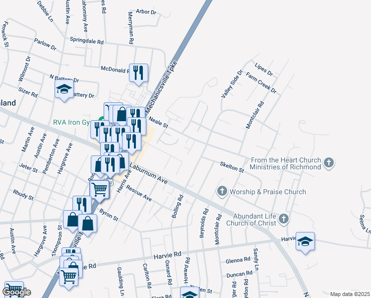 map of restaurants, bars, coffee shops, grocery stores, and more near 3816 Pinewood Glen Lane in Richmond
