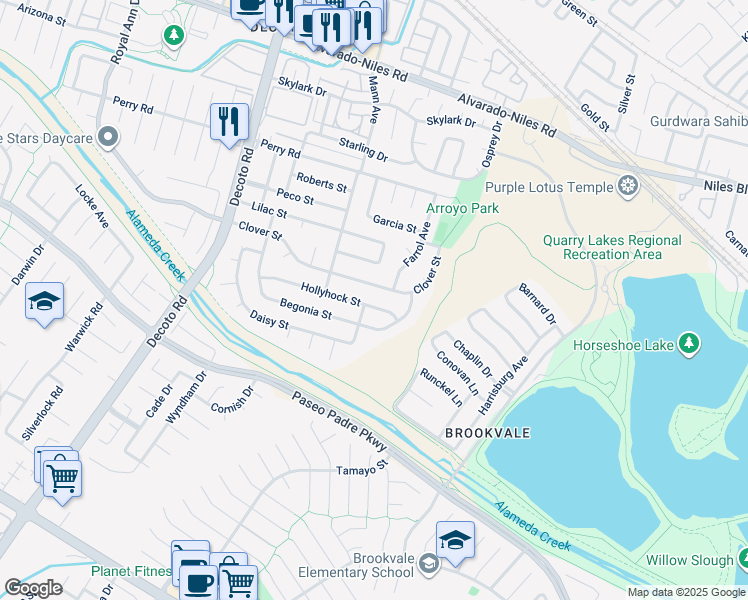 map of restaurants, bars, coffee shops, grocery stores, and more near 35036 Hollyhock Street in Union City