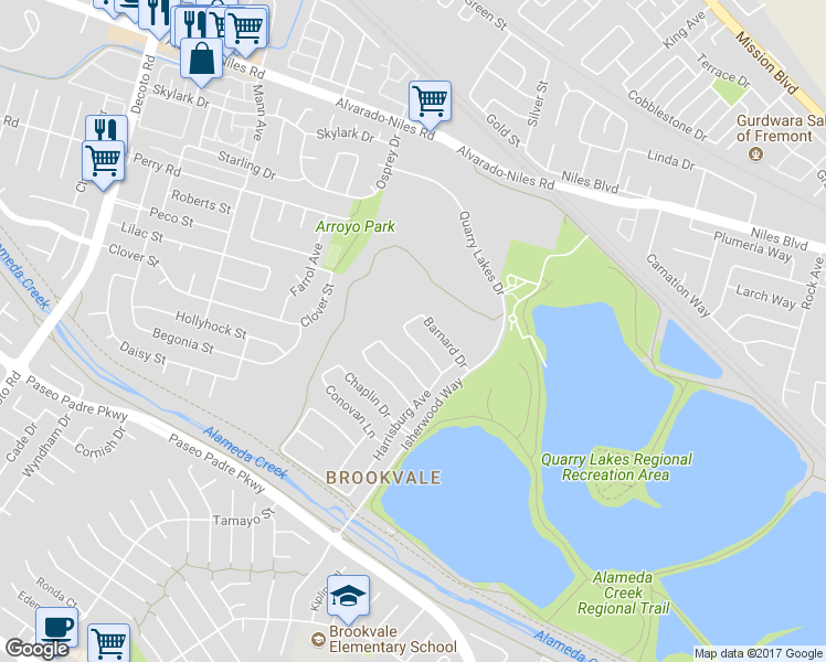 map of restaurants, bars, coffee shops, grocery stores, and more near 35614 Beeching Ln in Fremont
