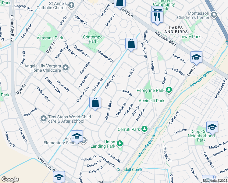 map of restaurants, bars, coffee shops, grocery stores, and more near 32724 Regents Boulevard in Union City