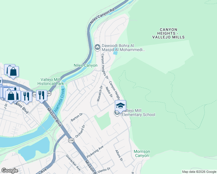 map of restaurants, bars, coffee shops, grocery stores, and more near 38382 Nebo Drive in Fremont
