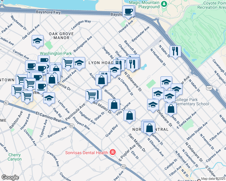 map of restaurants, bars, coffee shops, grocery stores, and more near 417 Studio Circle in San Mateo