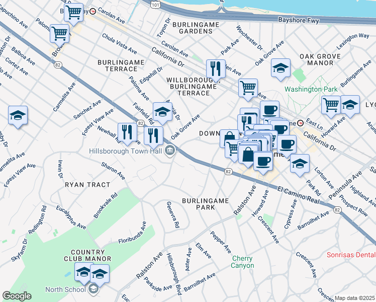 map of restaurants, bars, coffee shops, grocery stores, and more near 556 California 82 in Burlingame