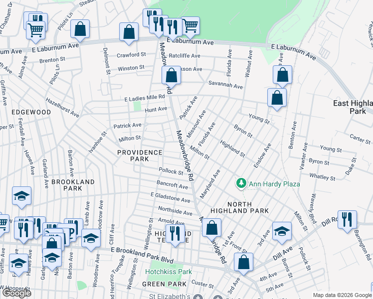 map of restaurants, bars, coffee shops, grocery stores, and more near 3314 Florida Avenue in Richmond