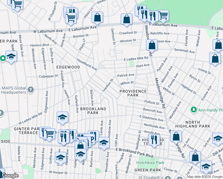 map of restaurants, bars, coffee shops, grocery stores, and more near 3218 Jeter Avenue in Richmond