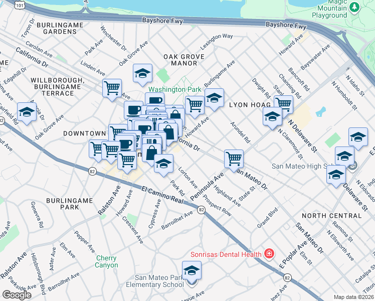 map of restaurants, bars, coffee shops, grocery stores, and more near 124 Highland Avenue in Burlingame