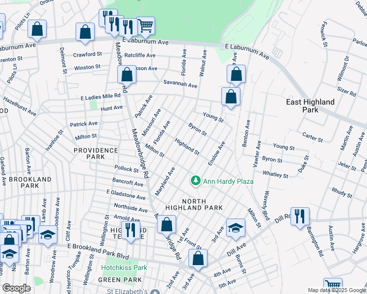 map of restaurants, bars, coffee shops, grocery stores, and more near 3424 Maryland Avenue in Richmond