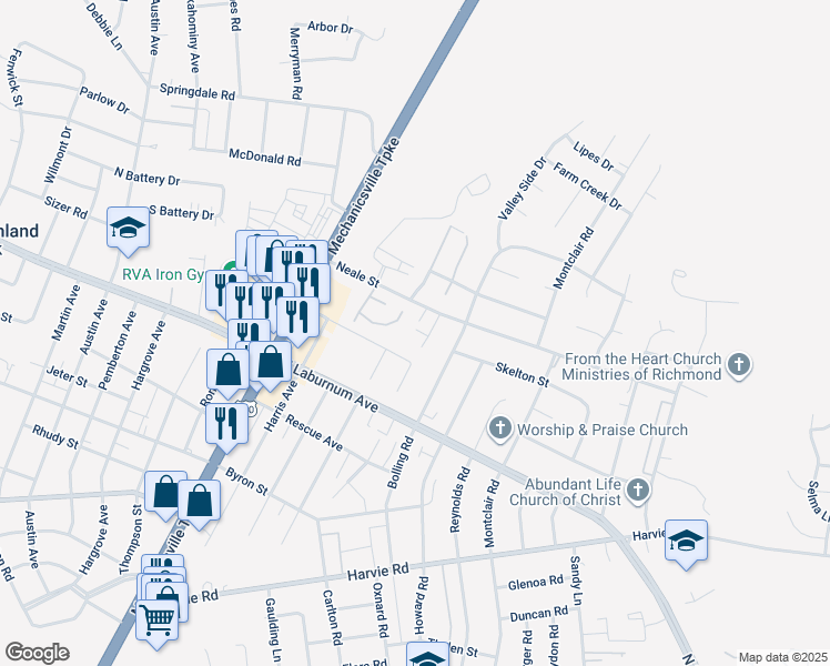 map of restaurants, bars, coffee shops, grocery stores, and more near 3816 Pinewood Glen Lane in Richmond