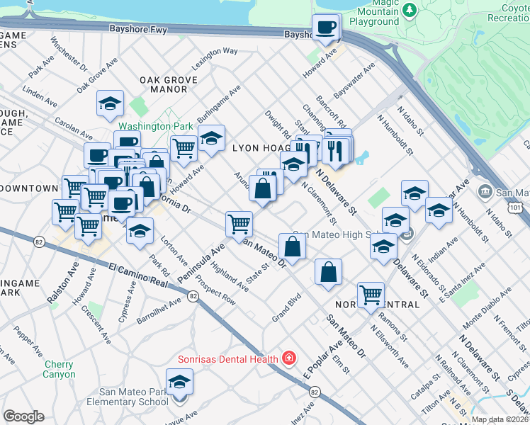 map of restaurants, bars, coffee shops, grocery stores, and more near 861 Woodside Way in San Mateo