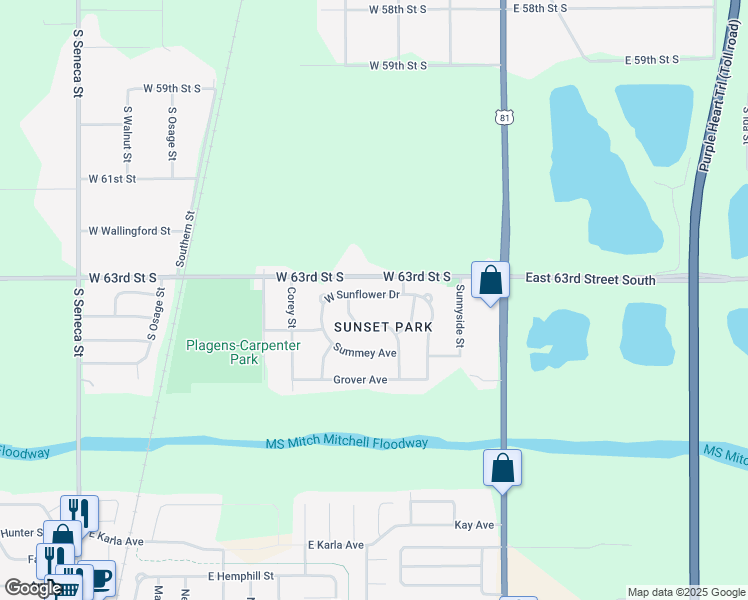 map of restaurants, bars, coffee shops, grocery stores, and more near 235 West Sunflower Drive in Wichita