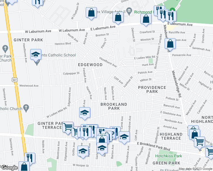 map of restaurants, bars, coffee shops, grocery stores, and more near 3325 North Avenue in Richmond
