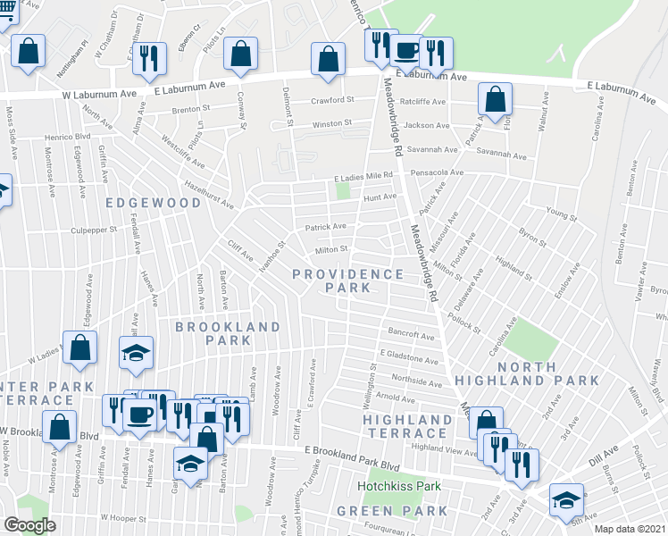 map of restaurants, bars, coffee shops, grocery stores, and more near 450 Hazelhurst Avenue in Richmond