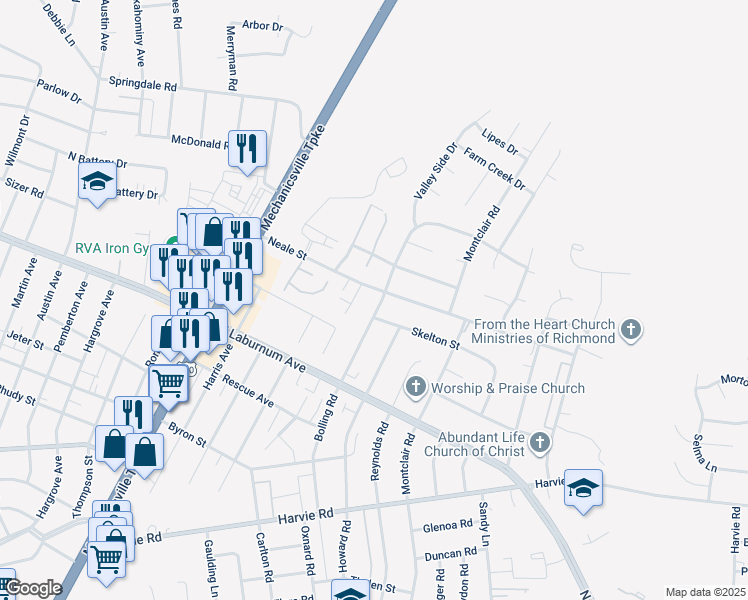 map of restaurants, bars, coffee shops, grocery stores, and more near 3850 Bolling Road in Richmond