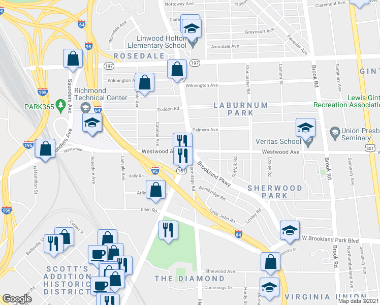 map of restaurants, bars, coffee shops, grocery stores, and more near 4305 N Boulevard in Richmond